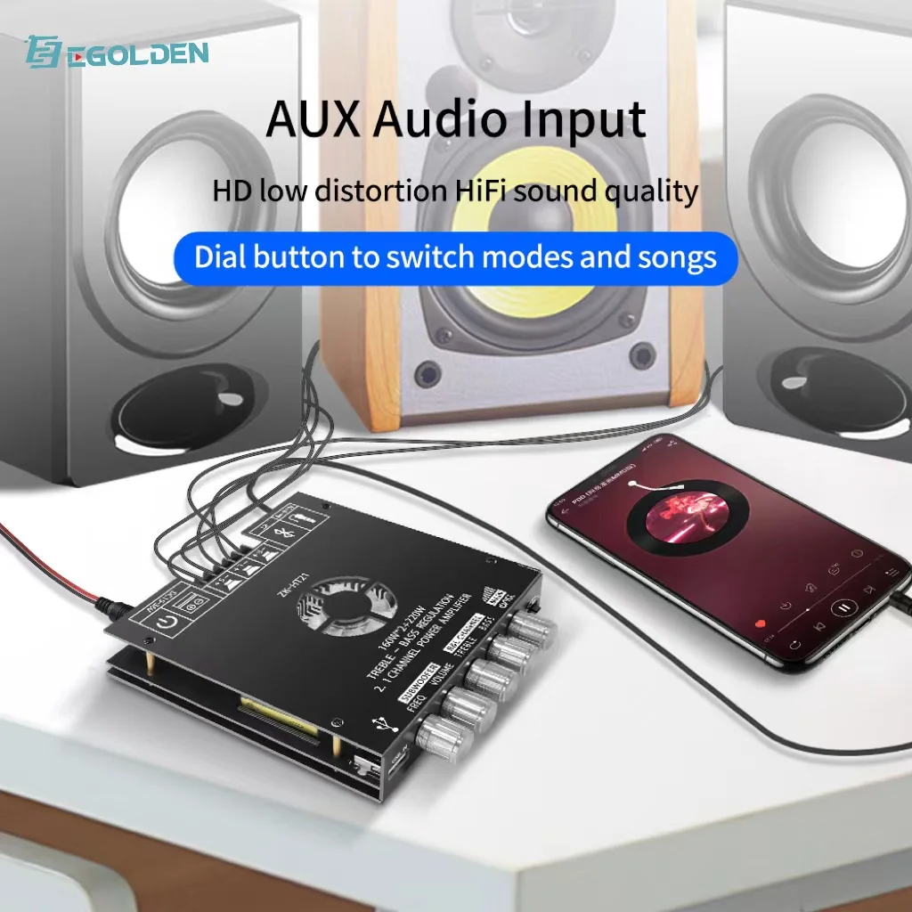 

EGOLDEN ZK-HT21 Bluetooth Digital Power Amplifier Module 2.1 Channel TDA7498E, High Pitch, Low Pitch, Neutral, No Logo