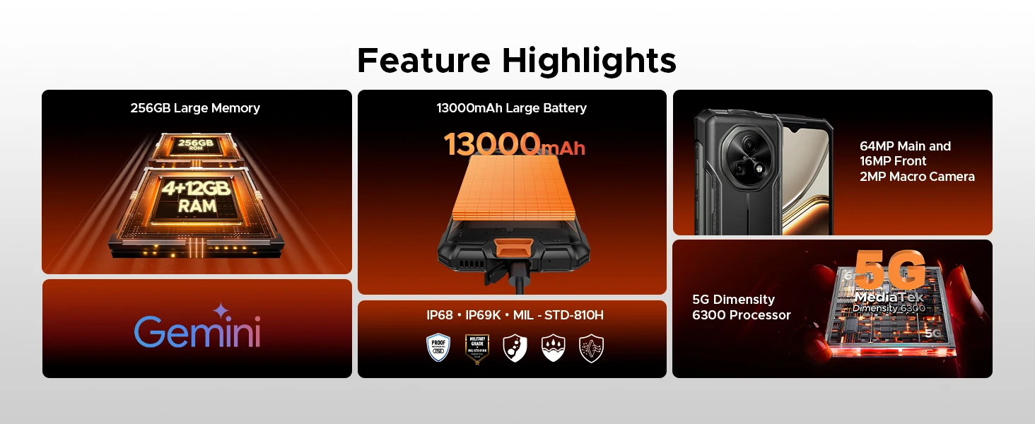 DOOGEE Fire 7 5G Rugged Phone 16GB 256GB 13000mAh Battery Dimensity 6300 Gemini AI 64MP Camera NFC Android 15 Smart phone