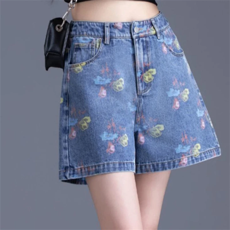 2024 Summer Women Trendy Printed High Waist A-line Denim Short Pants Y2K Female Casual Streetwear Loose Shorts Pantalones Cortos
