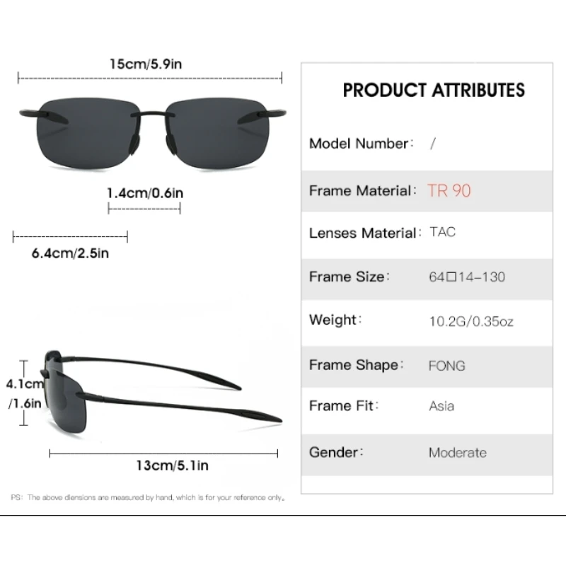 Frameless polarized sunglasses showing flexible TR-90 frame for comfort fit.