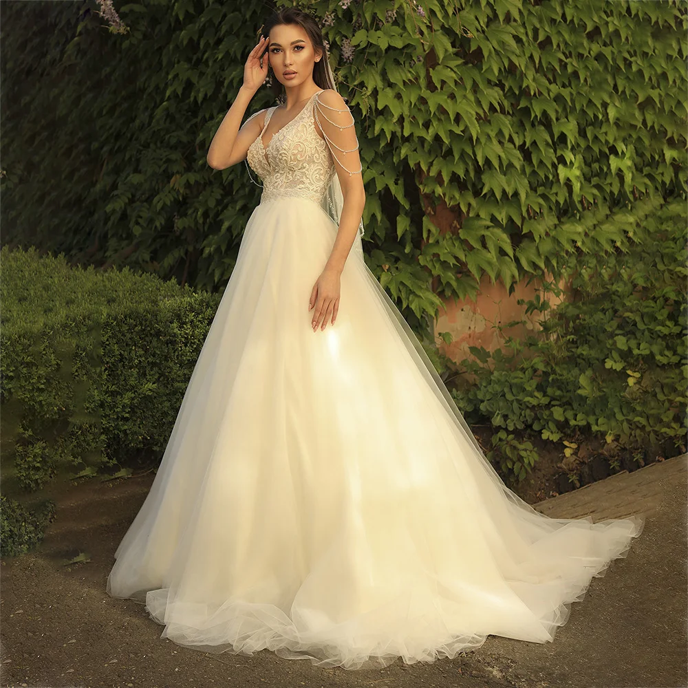 

Weilinsha 2022 Charming Wedding Dress Beading A-Line White Tulle Gowns With Belt Zipper Back Sweep Train