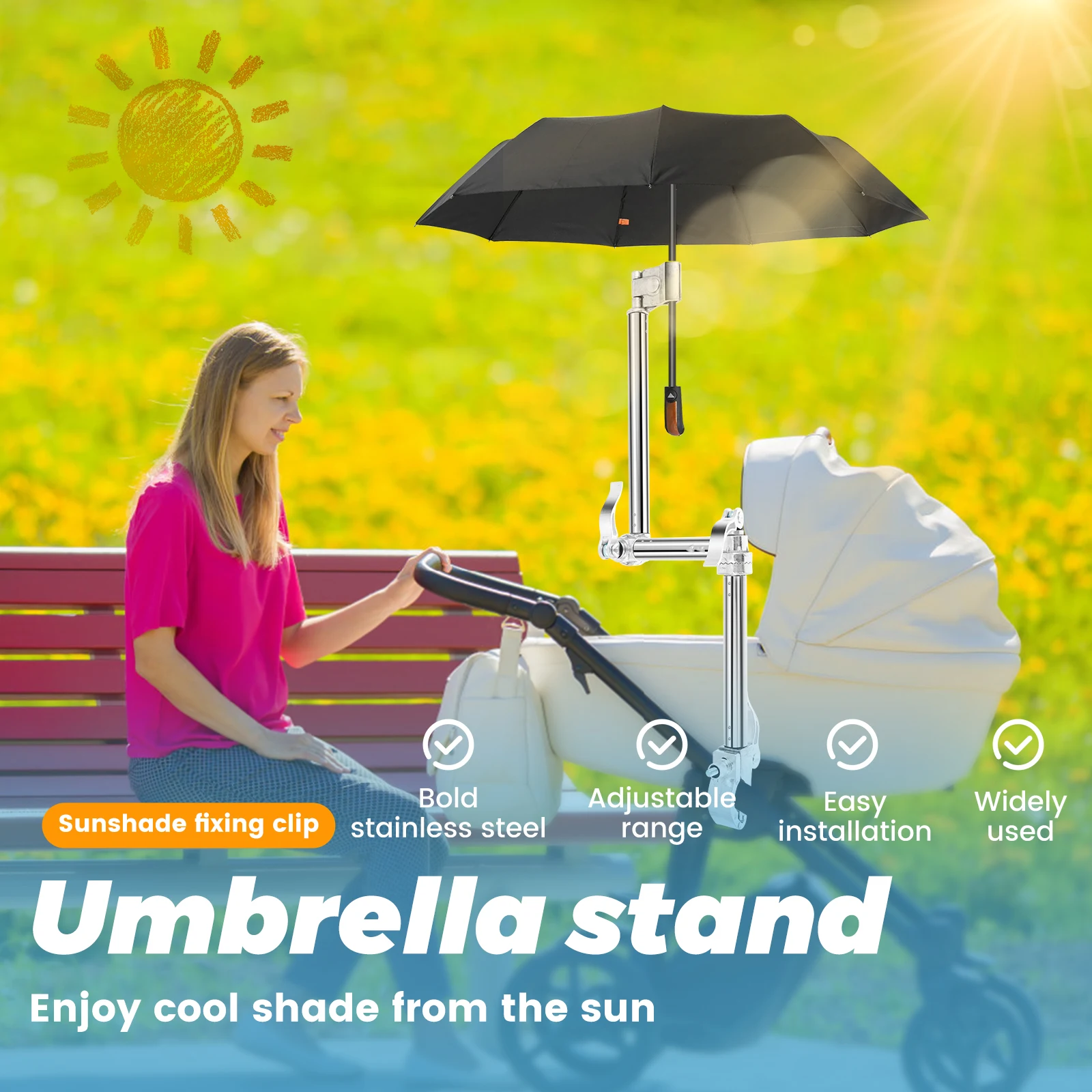 Stroller Umbrella Mount Holder Stainless Steel Adjustable Golf Umbrella Clamp 2/3Fold 360° Rotation Bicycle Sunshade Fixing Clip