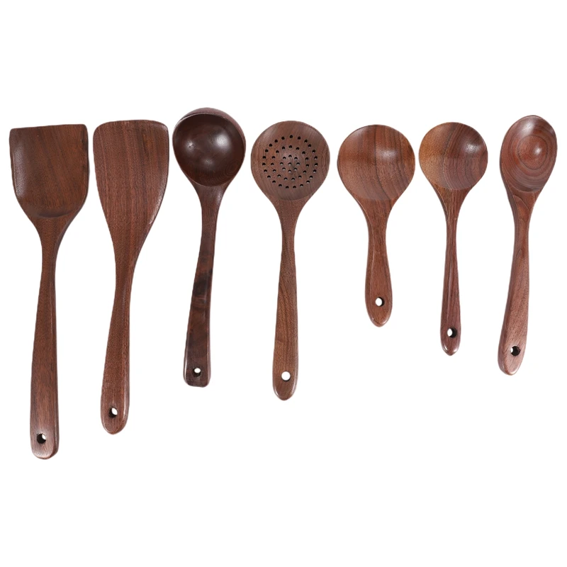 

7 Pcs Wooden Kitchen Cooking Utensil Set,Wooden Soup Ladle,Black Walnut Wooden Spoons Spatula For Cooking,Mixing Spoon