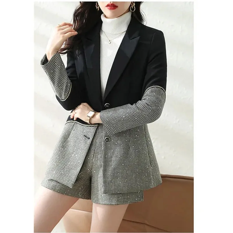 

2024 New Spring And Autumn Two Piece Set Design Sense Niche Stitching Suit+Shorts Suit Contrasting Color Blazer Jacket Female