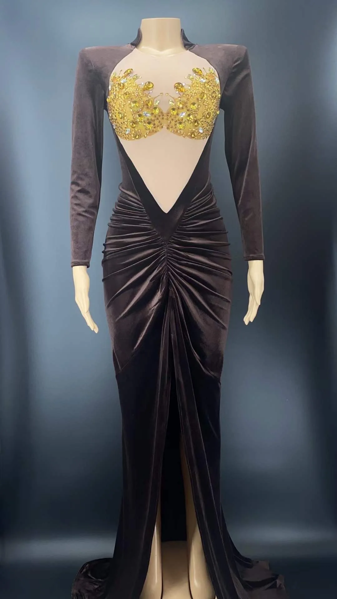 Brown Shining Gold Strass Sexy Swan Velvet Women Dress Evening Elegant Party Split Abbigliamento Stage Singer Eseguire Costume