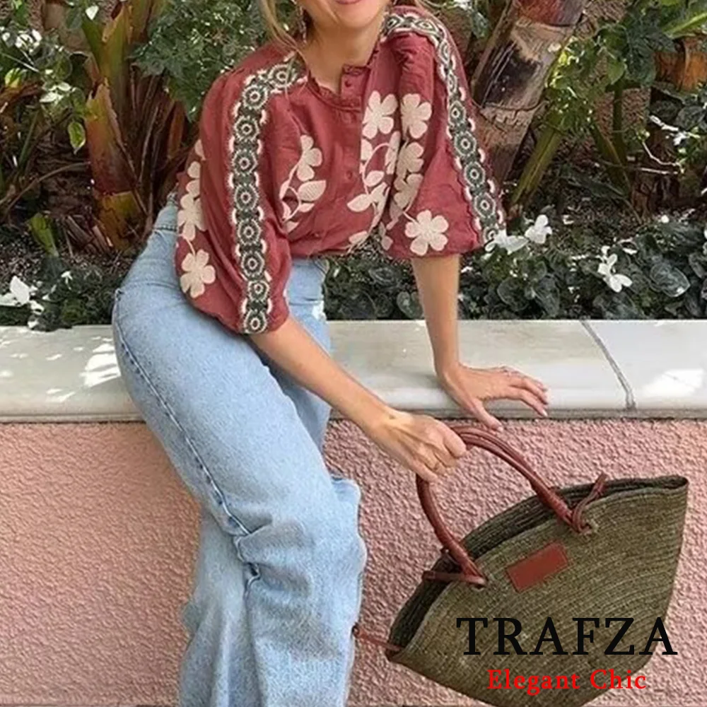 TRAFZA 여성용 우아한 캐주얼 프린트 블라우스, 프릴 넥 버튼 블라우스 탑, 레트로 블라우스 탑, 2024 여름 신상