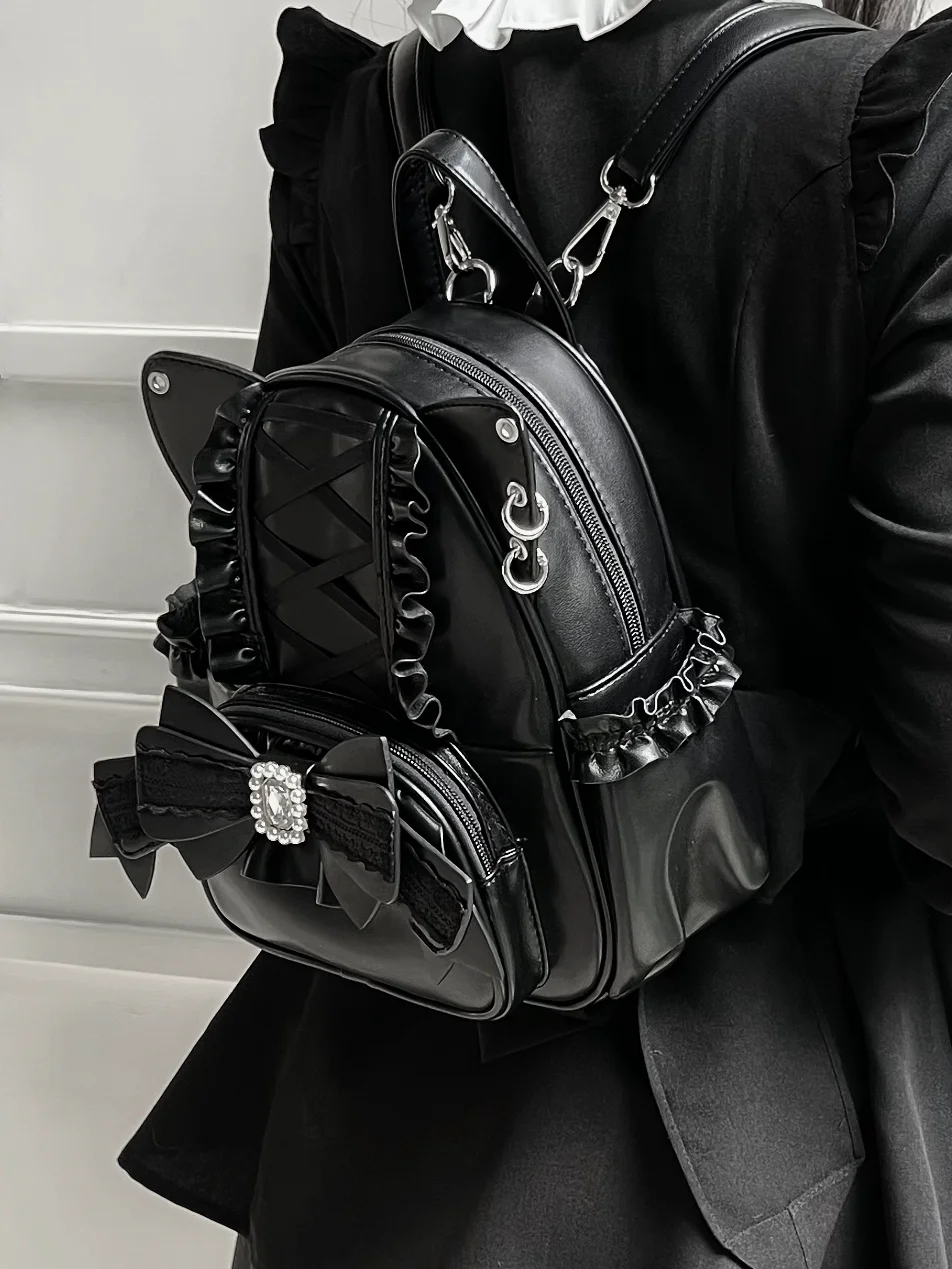 Japanese Mine Style Mass-Produced Lace Stitching Diamond Bow Ruffles Cat Ear Pu Sweet Cute Lolita Kawaii Zipper Backpack Women 3