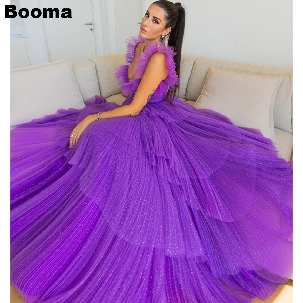 

Booma Purple A-Line Prom Dresses Sweetheat Tiered Dots Tulle Formal Party Gowns for Women Ruched Sleeveless Evening Dress