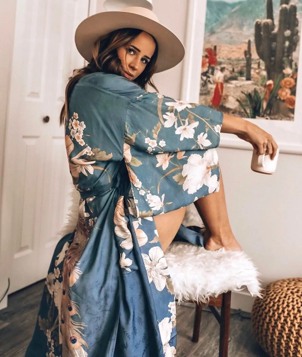 Happie Queens Vintage Peacock Floral Print Women bohemian V Neck