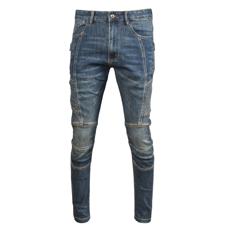 Autumn Blue Slim Fit Straight Jeans Men Korean Style Fashion Zipper Patchwork Denim Pants
