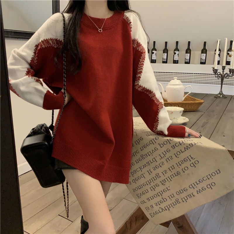 

Advanced Sense Red Sweater Patchwork Contrasting Pullover Women's Autumn/Winter New O-Neck Long Sleeved Versatile Knitted Top