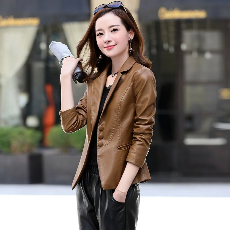 2023 Spring Autumn New Motorcycle Wind Short Suit Collar Slim-fit Imitation Sheep Leather Jacket Show Thin Loose Coat Women