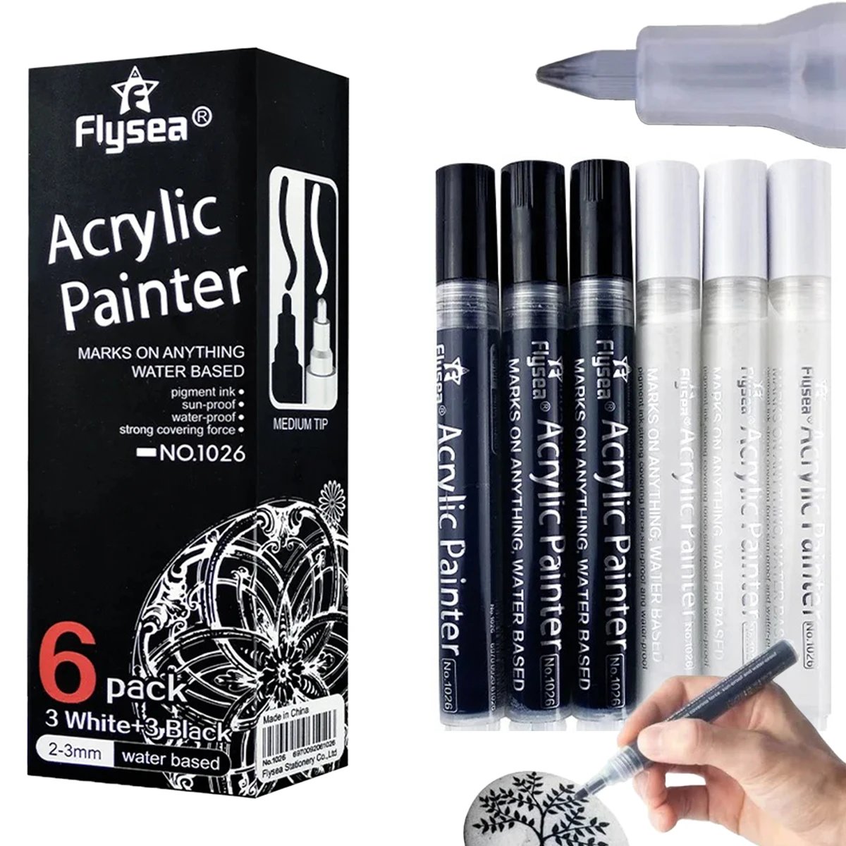 Acrylic Paint Markers 6 PCS 3 Black 3 White for Coloring Painting Graffiti on Most Surfaces Students Art Supplies