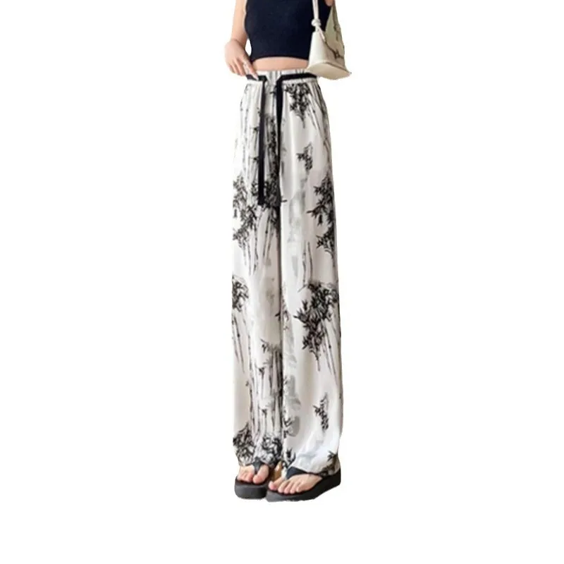 Ice Silk High Waisted Wide Leg Pants Women's 2024 Summer Thin Ink Chinese Style Casual Sunscreen Chiffon Printed Pants