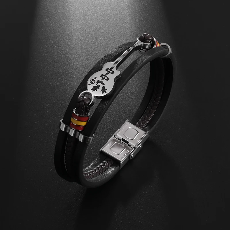 Pulsera de cuero tejida multicapa para hombre, brazalete clásico de moda Rock negro, guitarra Punk, accesorios de fiesta callejera, regalo