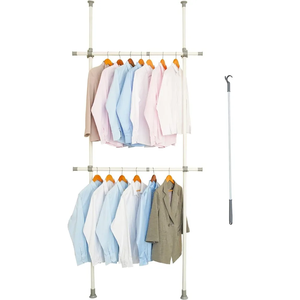 

Adjustable Clothing Rack, Double Rod Clothing Rack, 2 Tier Clothes Rack, Adjustable Hanger for Hanging Clothes, White Clothing