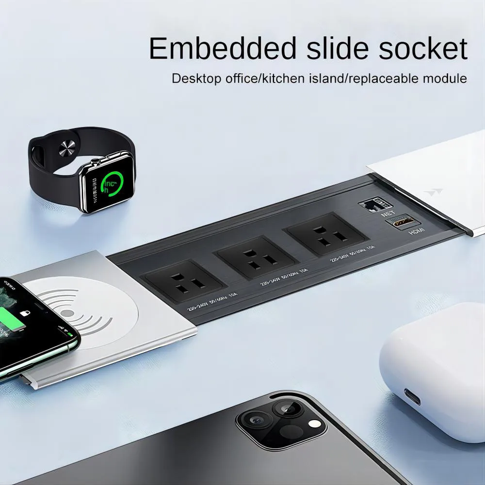 MANLEIKE Table Hidden Socket Embeded Sliding Cover Desktop Outlet Conference Office Socket With wireless charge,Network,Hdmi 4