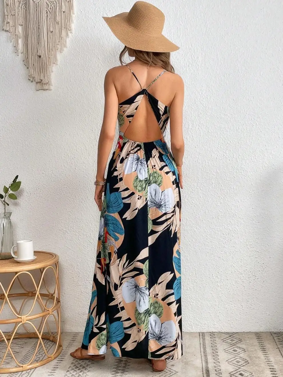 Fashion Flower Print Spaghetti Strap Dresses Women Sexy V-neck Backless Slit Long Dress Bohemian Style Vacation Beach Vestidos