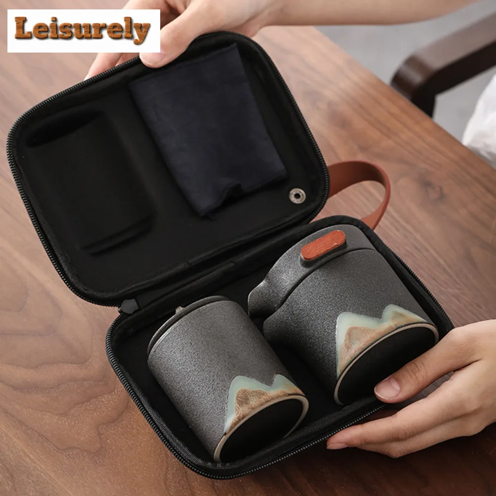 Japanese Hand-painted Mountain Tea Set Kit Vintage Coarse Pottery Set of Cups Teapot and Cups Tea Making Outdoor Portable Bags