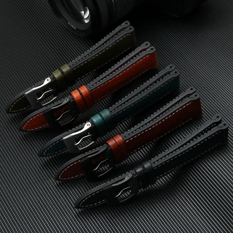 20mm 22mm 24mm Italian Leather + Silicone Bottom Watchband for Omega Breit-ling Avenger Men Waterproof Rubber Strap Bracelet