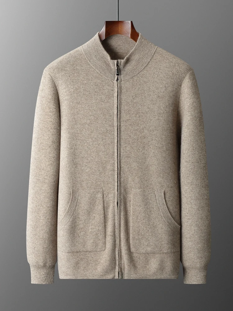 Autumn winter new 100% merino wool thick coat men's shirt semi-high neck knitted zipper cardigan leisure business shirt warm top 2
