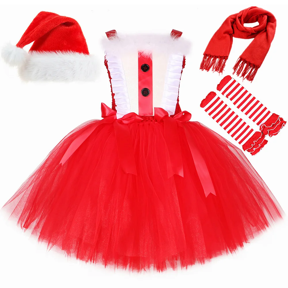

Santa Claus Costume for Kids Girls Christmas Dress Clothes Red New Year Xmas Party Tutu Princess Dress Outfits Children Clothing