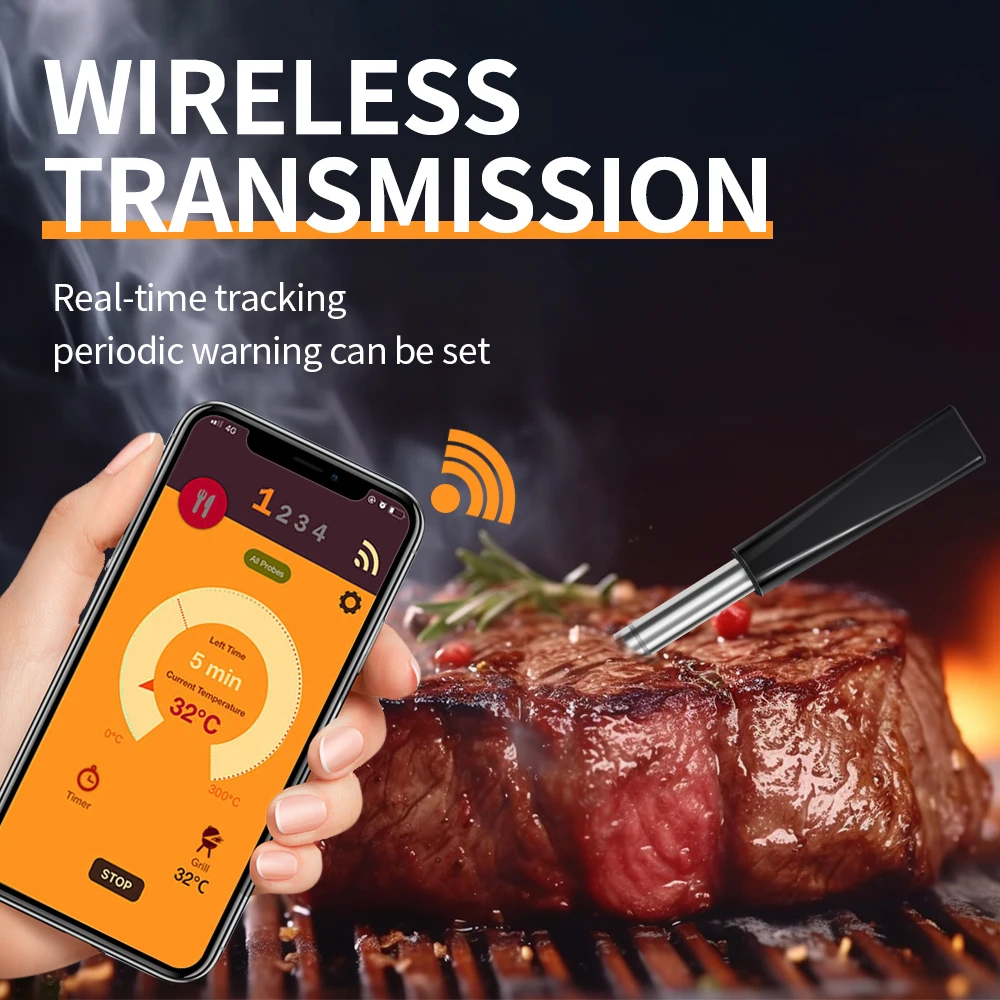 Wireless Meat Thermometer For Grilling And Smoking, Grill Smoker Bbq Cooking  Food Thermometer, Oven Safe, Grill Oven Thermometer With 4 Meat Probes, Bbq  Thermometer For Smoker Oven Cooking Beef Turkey, Kitchen Accessaries 