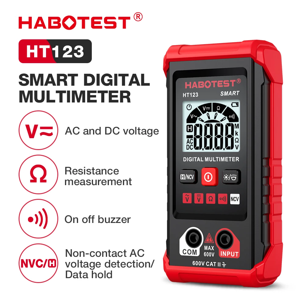 HABOTEST Smart Digital Multimeter HT123, AC DC voltage resistance continuity measurement tester NCV multimeter with backlight