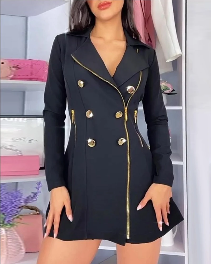 

Autumn Winter Women Buttoned Zipper Pocket Design Notched Collar Blazer Dress Party Black Dress Female 2023 Club Wear Vestidos