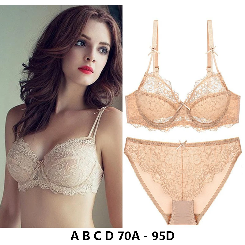 

high quality sexy women bras and brief set push up lace A B C D cup comfortable wire summer lingerie underwear black beige white