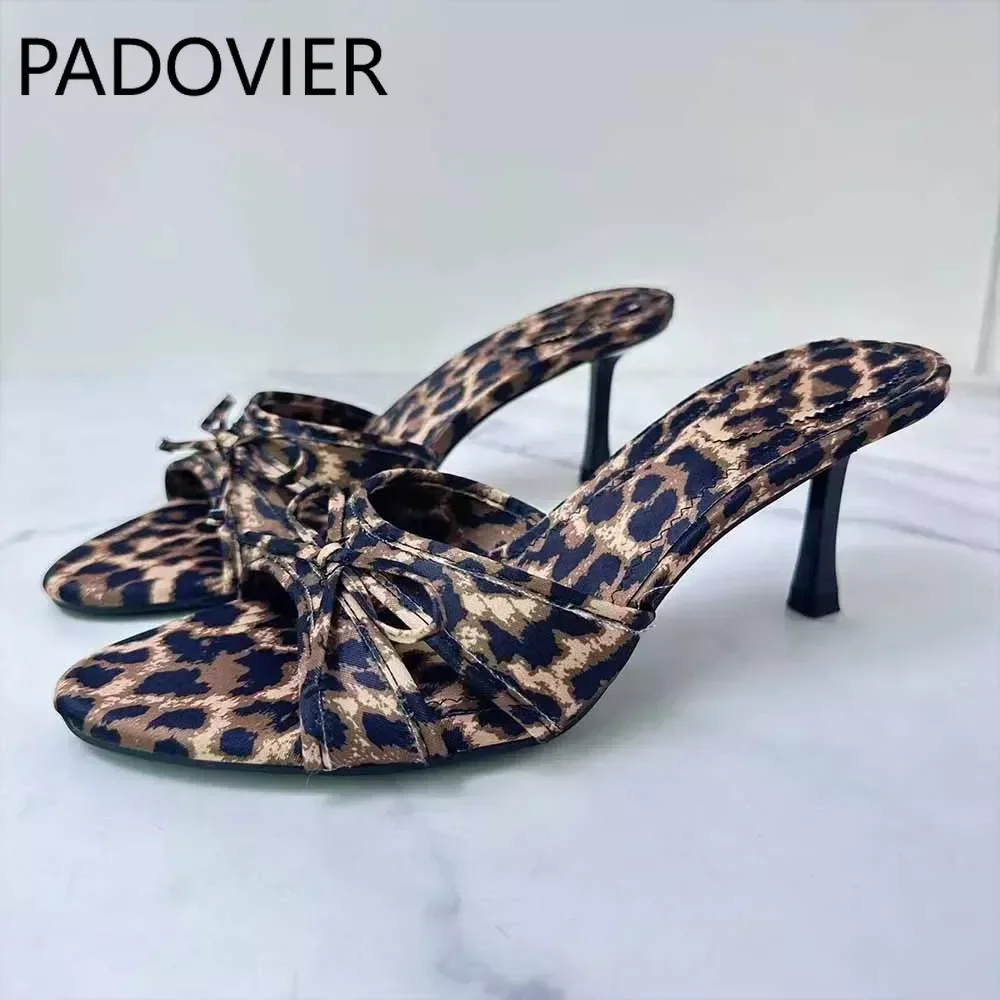 

Новинка 2024, Модные женские сандалии с леопардовым принтом и бантом на высоком каблуке