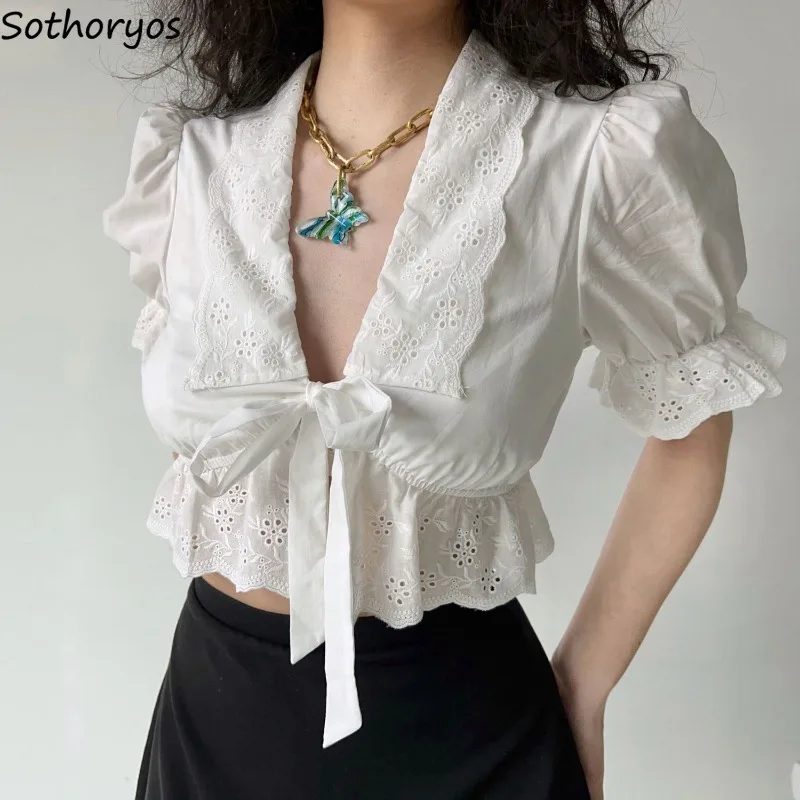 

White Crop Blouses Women Bandage Vintage Puff Sleeve New Faddish Sexy French Style Tender Ladies Summer Design Aesthetic Clothes