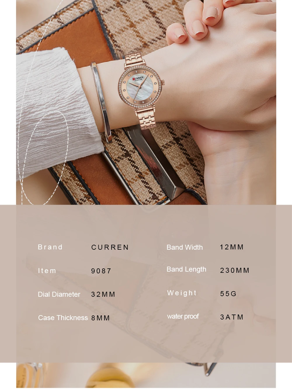 CURREN Luxury Slim Women's Watch Two Tone Stainless Steel Band Mother of Pearl Dial with Rhinestones Elegant Quartz Wristwatch