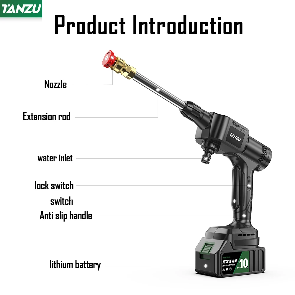 Cordless High Pressure Electric Water Gun 21V 1000W Car Wash Washer Sprayer For Auto Home Garden Clean With Li-ion Battery Tanzu 5