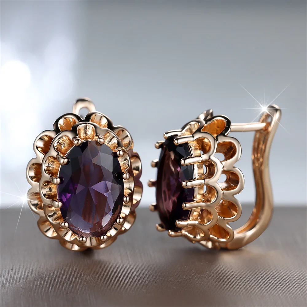Purple Crystal Geometric Oval Stone Flower Hoop Earrings For Women Vintage Gold Color Ear Buckle Wedding Jewelry Engagement Gift