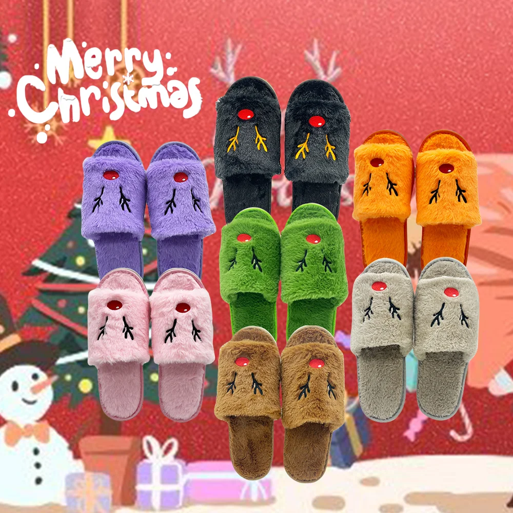 

Christmas Elk Plush Slippers Halloween Pumpkin Fluffy Shoes Xmas Reindeer Soft Furry Comfort House Cute Slipper for Women Men