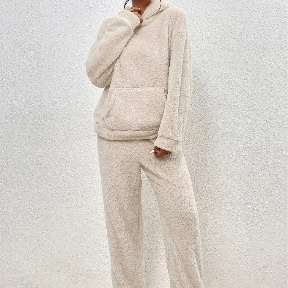 Women Fleece Sweatshirt Sets Hoody Pullover Coats Wide Leg Pants