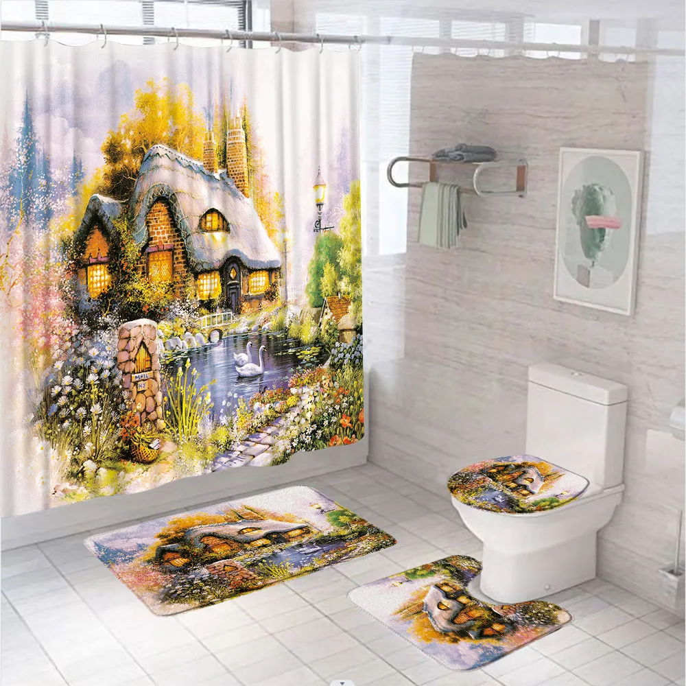 

Oil Painting Rural Scenery Shower Curtain Sets Country Farmhouse Bathroom Decor Curtains Non-Slip Rug Toilet Lid Cover Bath Mats