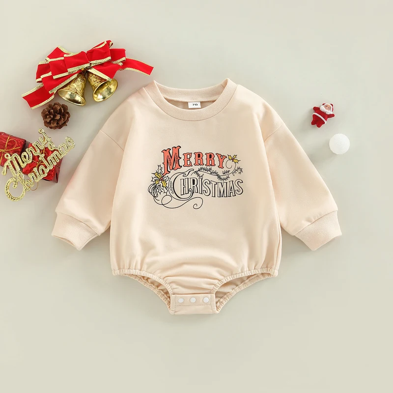 Baby Sweatshirt Romper Christmas Letter Floral Print Long Sleeve Bodysuit Girls Boys Xmas Clothes Outwear