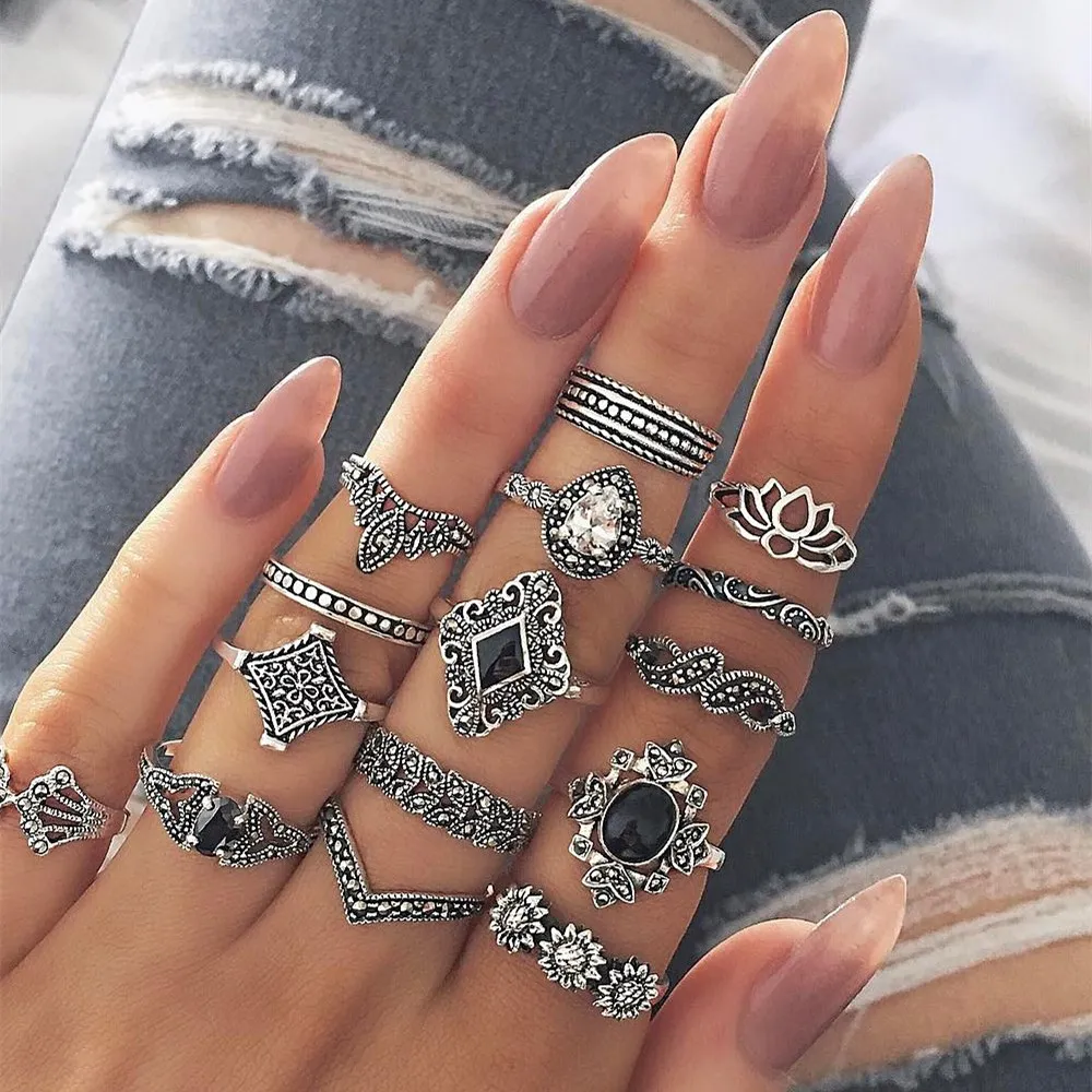 Stone Rings-15Pcs Lotus Flower Black Rhinestone Gothic Vintage Antique Silver Color for Women Men Jewelry