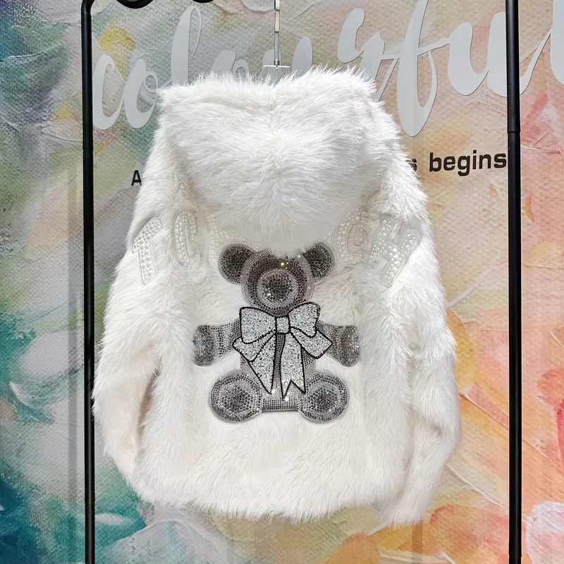Women's 2023 Winter Clothes Fashion Fur Coats Rhinestone Bow Bear Cute Loose Jackets Long Sleeve Hooded Solid Color Lady Coats