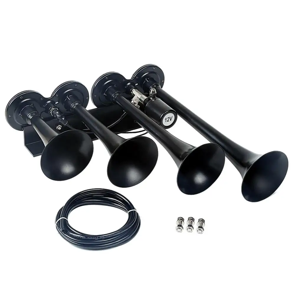 4/Four Trumpet Quality Trumpet Air Horn with 12 Solenoid, Loud 150db for Truck Lorry Boat Train, Black AS097AB