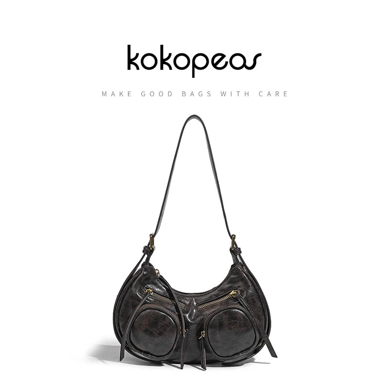 

KOKOPEAS Multi Pockets Women's Half Moon Underarm Purse Retro Vegant Leather Daily Single Shoulder Bag Unique Cross Body Handbag