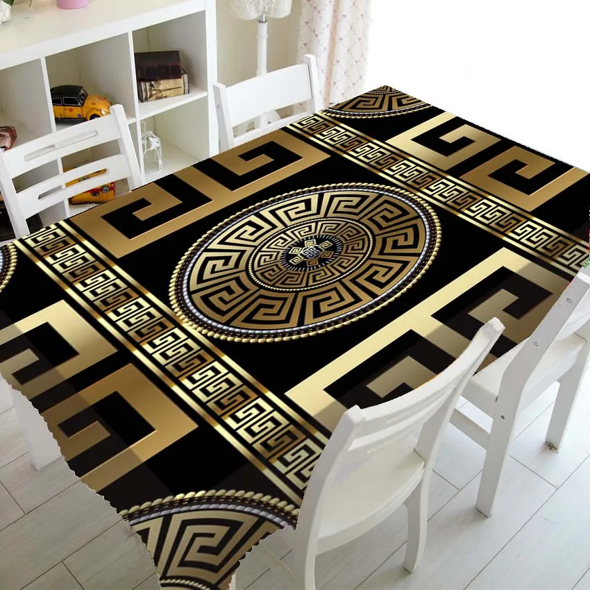 

Luxury Black Gold Greek Key Tablecloth for Party Home Decor Modern Geometric Rectanlge Washable Table Cloth Kitchen Dining Table