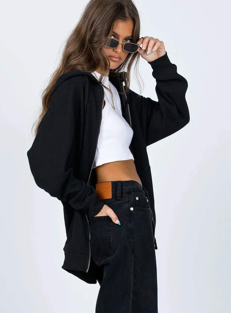 Simple Solid Colors Hooded Sweatshirts Women Zip Up Loose Casual Cardigan Autumn Winter Hoodies All-Match Leisure Sport Clothing