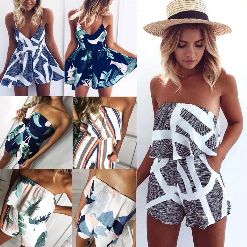 

New Short Pleated Overalls Jumpsuit Women Rompers Print Lace Jumpsuit Summer Female Playsuits Sexy Beach Boho Strapless Playsuit