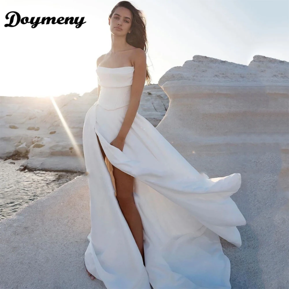 

Doymeny Elegant A-line Simple Wedding Dresses Strapless Sleeveless Side Split Beach Bride Dress Minimalist Bridal Gowns 2024