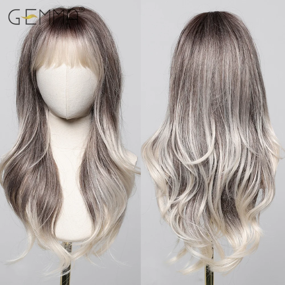 

GEMMA Long Natural Wavy Ash Brown Blonde Ombre Synthetic Wig with Bangs for Women Heat Resistant Cosplay Party Daily Hair Wigs