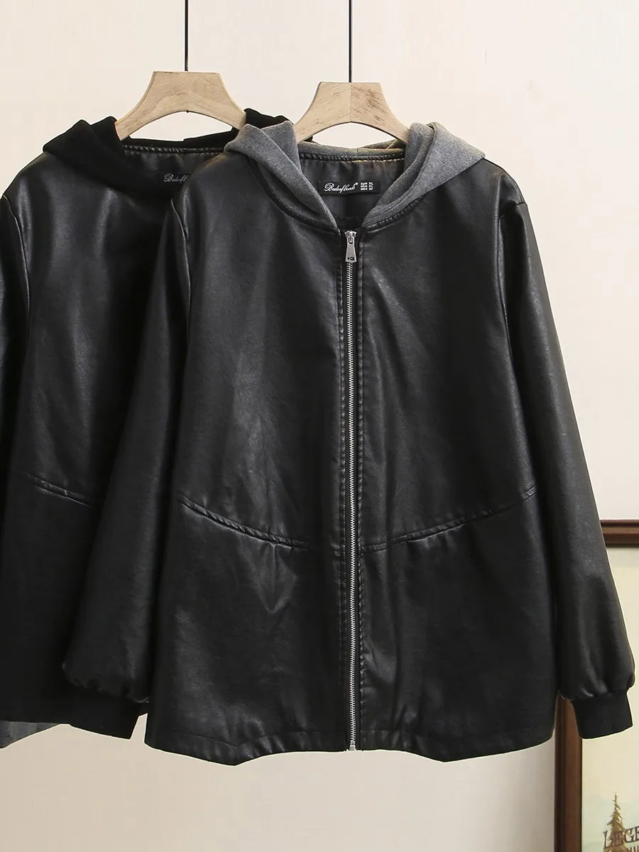 Washed PU Leather Hooded Jacket for Women, Casual Clothes, Female Coats, Spring and Autumn Fashion, Plus Size