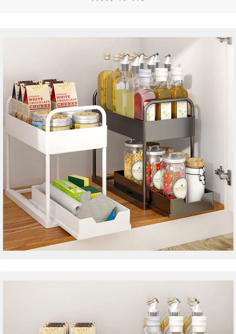 Pull-Out Double-Layer Storage Shelves Kitchen Sink Storage System Countertop Spice Rack Simple Rack